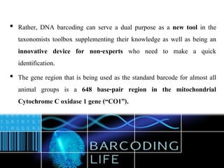 • Rather, DNA barcoding can serve a dual purpose as a new tool in the
taxonomists toolbox supplementing their knowledge as well as being an
innovative device for non-experts who need to make a quick
identification.
• The gene region that is being used as the standard barcode for almost all
animal groups is a 648 base-pair region in the mitochondrial
Cytochrome C oxidase 1 gene (“CO1”).
 