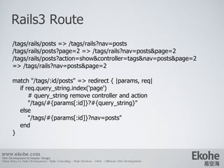Rails3 Route www.ekohe.com Web Development & Graphic Design China Ruby on Rails Development - Rails Consulting - Rails Services - Merb - Offshore Web Development   /tags/rails/posts => /tags/rails?nav=posts /tags/rails/posts?page=2 => /tags/rails?nav=posts&page=2 /tags/rails/posts?action=show&controller=tags&nav=posts&page=2 => /tags/rails?nav=posts&page=2 match &quot;/tags/:id/posts&quot; => redirect { |params, req| if req.query_string.index('page') # query_string remove controller and action &quot;/tags/#{params[:id]}?#{query_string}&quot; else &quot;/tags/#{params[:id]}?nav=posts&quot; end } 