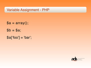 Variable Assignment - PHP


$a = array();

$b = $a;

$a[ʻfooʼ] = ʻbarʼ;
 