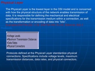Physical Layer   The Physical Layer is the lowest layer in the OSI model and is concerned with how the physical structure of the network enables transmission of data. It is responsible for defining the mechanical and electrical specifications for the transmission medium within a connection, as well as the transformation or encoding of data into “bits”.  Examples:EIA/TIA-232, V.35, EIA/TIA-449, RJ-45, Ethernet, 802.3 Protocols Protocols defined at the Physical Layer standardize physical connections. Specifications include voltage levels, maximum transmission distances, data rates, and physical connectors.                                                                 