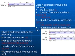                                                                                                                Class A addresses include the following: The first bit is  0.  Range of network numbers:  1.0.0.0 to  126.0.0.0  Number of possible networks:  127 (1- 126 usable, 127 is reserved)  Number of possible values in the host  portion:  16,777,216.                                                                                                                Class B addresses include the following: The first two bits are  10.  Range of network numbers:  128.0.0.0 to 191.255.0.0  Number of possible networks:  16,384  Number of possible values in the host  portion:  65,536 