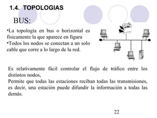 22
•La topología en bus o horizontal es
físicamente la que aparece en figura
•Todos los nodos se conectan a un solo
cable que corre a lo largo de la red.
Es relativamente fácil controlar el flujo de tráfico entre los
distintos nodos,
Permite que todas las estaciones reciban todas las transmisiones,
es decir, una estación puede difundir la información a todas las
demás.
BUS:
1.4. TOPOLOGIAS
 