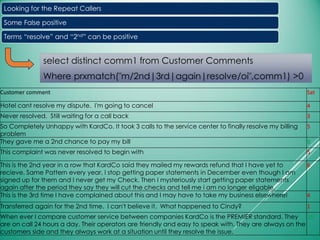 select distinct comm1 from Customer Comments
Where prxmatch("m/2nd|3rd|again|resolve/oi",comm1) >0
Customer comment Sat
Hotel cant resolve my dispute. I'm going to cancel 4
Never resolved. Still waiting for a call back 3
So Completely Unhappy with KardCo. It took 3 calls to the service center to finally resolve my billing
problem
5
They gave me a 2nd chance to pay my bill 9
This complaint was never resolved to begin with 5
This is the 2nd year in a row that KardCo said they mailed my rewards refund that I have yet to
recieve. Same Pattern every year, I stop getting paper statements in December even though I am
signed up for them and I never get my Check. Then I mysteriously start getting paper statements
again after the period they say they will cut the checks and tell me i am no longer eligable.
6
This is the 3rd time I have complained about this and I may have to take my business elsewhere! 4
Transferred again for the 2nd time. I can't believe it. What happened to Cindy? 1
When ever I compare customer service between companies KardCo is the PREMIER standard. They
are on call 24 hours a day. Their operators are friendly and easy to speak with. They are always on the
customers side and they always work at a situation until they resolve the issue.
10
Looking for the Repeat Callers
Some False positive
Terms “resolve” and “2nd” can be positive
 