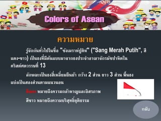 ความหมาย
รู้จักกันทั่วไปในชื่อ "ซังเมราห์ปูติห์" ("Sang Merah Putih", สี
แดง-ขาว) เป็ นธงที่มีต้นแบบมาจากธงประจาอาณาจักรมัชปาหิตใน
คริสต์ศตวรรษที่ 13
ลักษณะเป็ นธงสี่เหลี่ยมผืนผ้า กว้าง 2 ส่วน ยาว 3 ส่วน พื้นธง
แบ่งเป็ นสองส่วนตามแนวนอน
สีแดง หมายถึงความกล้าหาญและอิสรภาพ
สีขาว หมายถึงความบริสุทธิ์ยุติธรรม
 