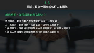 創業初期，如何組建創業合夥人？
通常來說，創業合夥人制度主要包括以下三種模式：
1.“家庭式”創業模式，如當當網、四川希望集團等
2.幾個朋友、同學或老同事聚在一起組建團隊，如騰訊、新東方
3.創始人憑藉獨特的商業創意尋找志同道合的創夥伴
3 . 3
團隊：打造一個高效執行力的團隊
 