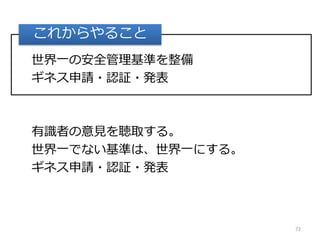 世界一の安全管理基準を整備
ギネス申請・認証・発表
有識者の意見を聴取する。
世界一でない基準は、世界一にする。
ギネス申請・認証・発表
72
これからやること
 