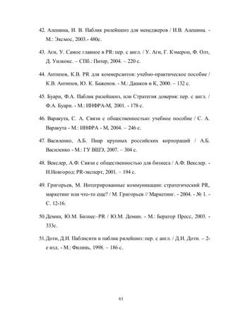 61
42. Алешина, И. В. Паблик рилейшенз для менеджеров / И.В. Алешина. -
М.: Эксмос, 2003.- 480с.
43. Аги, У. Самое главное в PR: пер. с англ. / У. Аги, Г. Кэмерон, Ф. Олт,
Д. Уилкокс. – СПб.: Питер, 2004. – 220 с.
44. Антипов, К.В. PR для коммерсантов: учебно-практическое пособие /
К.В. Антипов, Ю. К. Баженов. - М.: Дашков и К, 2000. – 132 с.
45. Буари, Ф.А. Паблик рилейшенз, или Стратегия доверия: пер. с англ. /
Ф.А. Буари. - М.: ИНФРА-М, 2001. - 178 с.
46. Варакута, С. А. Связи с общественностью: учебное пособие / С. А.
Варакута - М.: ИНФРА - М, 2004. – 246 с.
47. Василенко, А.Б. Пиар крупных российских корпораций / А.Б.
Василенко - М.: ГУ ВШЭ, 2007. – 304 с.
48. Векслер, А.Ф. Связи с общественностью для бизнеса / А.Ф. Векслер. -
Н.Новгород: PR-эксперт, 2001. – 194 с.
49. Григорьев, М. Интегрированные коммуникации: стратегический PR,
маркетинг или что-то еще? / М. Григорьев // Маркетинг. - 2004. - № 1. -
С. 12-16.
50.Демин, Ю.М. Бизнес–PR / Ю.М. Демин. - М.: Бератор Пресс, 2003. -
333с.
51.Доти, Д.И. Паблисити и паблик рилейшнз: пер. с англ. / Д.И. Доти. – 2-
е изд. - М.: Филинь, 1998. – 186 с.
 