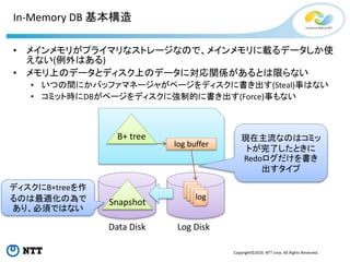 Copyright©2016 NTT corp. All Rights Reserved.
In-Memory DB 基本構造
• メインメモリがプライマリなストレージなので、メインメモリに載るデータしか使
えない(例外はある)
• メモリ上のデータとディスク上のデータに対応関係があるとは限らない
• いつの間にかバッファマネージャがページをディスクに書き出す(Steal)事はない
• コミット時にDBがページをディスクに強制的に書き出す(Force)事もない
Log DiskData Disk
B+ tree
log buffer
log
現在主流なのはコミッ
トが完了したときに
Redoログだけを書き
出すタイプ
Snapshot
ディスクにB+treeを作
るのは最適化の為で
あり、必須ではない
 