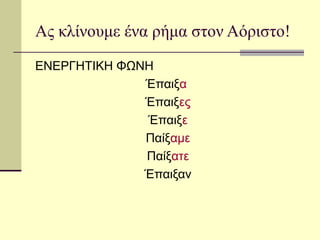 Ας κλίνουμε ένα ρήμα στον Αόριστο!
ΕΝΕΡΓΗΤΙΚΗ ΦΩΝΗ
Έπαιξα
Έπαιξες
Έπαιξε
Παίξαμε
Παίξατε
Έπαιξαν
 