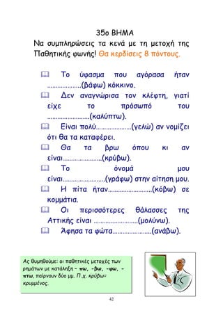 42
35μ ΒΗΜΑ
Να ζομπιενχζεηξ ηα θεκά με ηε μεημπή ηεξ
Παζεηηθήξ θςκήξ! Θα θενδίζεηξ 8 πυκημοξ.
 Σμ φθαζμα πμο αγυναζα ήηακ
………………..(βάθς) θυθθηκμ.
 Δεκ ακαγκχνηζα ημκ θιέθηε, γηαηί
είπε ημ πνυζςπυ ημο
…………………….(θαιφπης).
 Γίκαη πμιφ…………………(γειχ) ακ κμμίδεη
υηη ζα ηα θαηαθένεη.
 Θα ηα βνς υπμο θη ακ
είκαη…………………..(θνφβς).
 Σμ υκμμά μμο
είκαη…………………….(γνάθς) ζηεκ αίηεζε μμο.
 Η πίηα ήηακ……………………..(θυβς) ζε
θμμμάηηα.
 Οη πενηζζυηενεξ ζάιαζζεξ ηεξ
Αηηηθήξ είκαη ……………………..(μμιφκς).
 Άθεζα ηα θχηα…………………..(ακάβς).
Αξ ζομεζμφμε: μη παζεηηθέξ μεημπέξ ηςκ
νεμάηςκ με θαηάιελε – πω, -βω, -θω, -
πηω, παίνκμοκ δφμ μμ. Π.ς. κούβω=
κορμμέμξπ.
 