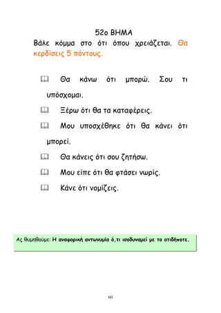 60
52μ ΒΗΜΑ
Βάιε θυμμα ζημ υηη υπμο πνεηάδεηαη. Θα
θενδίζεηξ 5 πυκημοξ.
 Θα θάκς υηη μπμνχ. ΢μο ηη
οπυζπμμαη.
 Ξένς υηη ζα ηα θαηαθένεηξ.
 Μμο οπμζπέζεθε υηη ζα θάκεη υηη
μπμνεί.
 Θα θάκεηξ υηη ζμο δεηήζς.
 Μμο είπε υηη ζα θηάζεη κςνίξ.
 Κάκε υηη κμμίδεηξ.
Αξ ζομεζμφμε: Η ακαθμνηθή ακηωκομία ό,ηη ηζμδοκαμεί με ημ μηηδήπμηε.
 