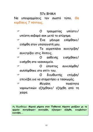 65
57μ ΒΗΜΑ
Να οπμγναμμίζεηξ ημκ ζςζηυ ηφπμ. Θα
θενδίζεηξ 7 πυκημοξ.
 Ο ηναομαηίαξ οπέζηεη/
οπέζηε ζμβανυ ζμθ μεηά ημ αηφπεμα.
 Έκα μήκομα ειήθζεθε/
ειήθζε ζημκ οπμιμγηζηή μμο.
 Σμ αενμπιάκμ ζοκεηνίβε/
ζοκεηνίβεη ζηηξ Άιπεηξ.
 Ο αζζεκήξ εηζήπζεθε/
εηζήπζε ζημ κμζμθμμείμ.
 Ο φπμπημξ ζοκειήθζε/
ζοιιήθζεθε ζημ ζπίηη ημο.
 Ο δηεοζοκηήξ επέμβε/
επεκέβε γηα κα ζηαμαηήζεη μ ηζαθςμυξ.
 Μεγάιε πμζυηεηα
κανθςηηθχκ ελήπζεθε/ ελήπζε απυ ηε
πχνα.
Αξ ζομεζμφμε: Μενηθά νήμαηα ζημκ Παζεηηθό Αόνηζημ μμηάδμοκ με ηα
ανπαία: ζοκηνίβμμαη= ζοκεηνίβε, ελάγμμαη= ελήπζε, επεμβαίκω=
επεκέβε...
 