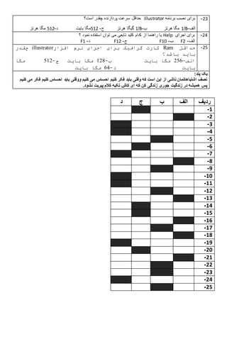 ‫برنامه‬ ‫نصب‬ ‫برای‬illustrator‫است؟‬ ‫چقدر‬ ‫پردازنده‬ ‫سرعت‬ ‫حداقل‬
‫الف‬-8/1‫ب‬ ‫هرتز‬ ‫مگا‬-8/1‫هرتز‬ ‫گیگا‬‫ج‬-512‫د‬ ‫بایت‬ ‫مگا‬-512‫هرتز‬ ‫مگا‬
23-
‫؟‬ ‫نمود‬ ‫استفاده‬ ‫توان‬ ‫می‬ ‫تابعی‬ ‫کلید‬ ‫کدام‬ ‫از‬ ‫راهنما‬ ‫یا‬ Help ‫اجرای‬ ‫برای‬
F1 ‫د‬- F12 ‫ج‬- F10 ‫ب‬- F2 ‫الف‬-
24-
‫حداقل‬Ram‫افزار‬ ‫نرم‬ ‫اجرای‬ ‫برای‬ ‫گرافیک‬ ‫کارت‬illustrator‫چقدر‬
‫باشد؟‬ ‫باید‬
‫الف‬-652‫ب‬ ‫بایت‬ ‫مگا‬-861‫مگا‬‫بایت‬‫ج‬-586‫مگا‬
‫د‬ ‫بایت‬-26‫بایت‬ ‫مگا‬
25-
:‫پند‬ ‫یک‬
‫کنی‬ ‫احساس‬ ‫باید‬ ‫ووقتی‬ ‫کنیم‬ ‫می‬ ‫احساس‬ ‫کنیم‬ ‫فکر‬ ‫باید‬ ‫وقتی‬ ‫که‬ ‫است‬ ‫این‬ ‫از‬ ‫ناشی‬ ‫اشتباهاتمان‬ ‫نصف‬‫کنیم‬ ‫می‬ ‫فکر‬ ‫م‬
.‫نشود‬ ‫پیریت‬ ‫کالم‬ ‫تکیه‬ ‫کاش‬ ‫ای‬ ‫که‬ ‫کن‬ ‫زندگی‬ ‫جوری‬ ‫زندگیت‬ ‫در‬ ‫همیشه‬ ‫پس‬
‫ردیف‬‫الف‬‫ب‬‫ج‬‫د‬
1-
2-
3-
4-
9-
9-
7-
8-
6-
11-
11-
12-
13-
14-
19-
19-
17-
18-
16-
21-
21-
22-
23-
24-
29-
 