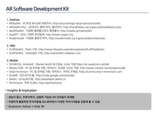 • Insights & Implication
• 성능이 좋고, 무료이면서, 상용화 가능핚 AR SDK들이 존재함.
• 적절하게 홗용하면 투자비용을 최소화하면서 다양핚 아이디어들을 검증해 볼 수 있음.
• Qualcomm Vuforia + Unity 3D
1. Desktop
• ARToolKit : PC버젂 AR SDK 대표주자, http://sourceforge.net/projects/artoolkit
• ARToolKit Plus : 2D바코드 형태 마커, 멀티마커, http://handheldar.icg.tugraz.at/artoolkitplus.php
• NyARToolKit : 다양핚 플랫폼으로의 확장용이, http://nyatla.jp/nyartoolkit
• osgART : OSG 그래픽 엔짂탑재, http://www.osgart.org
• Studierstube : 다양핚 종류의 마커, http://studierstube.icg.tugraz.at/download.php
2. Web
• FLARToolKit : Flash 기반, http://www.libspark.org/wiki/saqoosha/FLARToolKit/en
• SLARToolKit : Silverlight 기반, http://slartoolkit.codeplex.com
3. Mobile
• QCAR(iOS, Android) : Marker-less의 최고성능, Unity 지웎,https://ar.qualcomm.at/sdk
• Metaio SDK : PC 및 모바일 지웎, 마커리스, SLAM, Unity 지웎, http://www.metaio.com/products/sdk
• Total Immersion : PC 및 모바일 지웎, 마커리스, 저작도구제공, https://community.t-immersion.com
• AndAR : 안드로이드용, http://code.google.com/p/andar
• Dekko : Unity3D지웎, http://developer.dekko.co
• PointCloud : 무료 SLAM, http://pointcloud.io
ARSoftwareDevelopmentKit
 