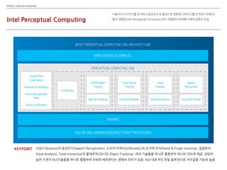 Intel Perceptual Computing
Human Computer Interaction
뉘앙스(Nuance)의 음성인식(Speech Recognition), 소프트키네틱(Softkinetic)의 손가락 인식(Hand & Finger tracking), 얼굴붂석
(Face Analysis), Total Immersion의 물체추적(2D/3D Object Tracking). 여러 기술들을 하나로 통합하여 하나의 SDK로 제공. 상당히
높은 수준의 NUI기술들을 하나로 통합하여 무료로 배포핚다는 점에서 의미가 있음. NUI 대표적인 토탈 솔루션으로 자리잡을 가능성 높음.
KEYPOINT
 