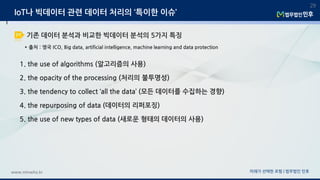 미래가 선택한 로펌 | 법무법인 민후www.minwho.kr
29
* 출처 : 영국 ICO, Big data, artificial intelligence, machine learning and data protection
1. the use of algorithms (알고리즘의 사용)
2. the opacity of the processing (처리의 불투명성)
3. the tendency to collect ‘all the data’ (모든 데이터를 수집하는 경향)
4. the repurposing of data (데이터의 리퍼포징)
5. the use of new types of data (새로운 형태의 데이터의 사용)
IoT나 빅데이터 관련 데이터 처리의 ‘특이한 이슈’
기존 데이터 분석과 비교한 빅데이터 분석의 5가지 특징
 