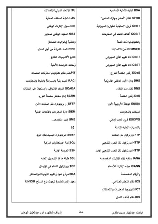 :‫الباحث‬
‫عبدالجبار‬
‫الظفري‬ ‫حسين‬
58
‫انور‬ :‫الدكتور‬ ‫إشراف‬
‫عبدالعزيز‬
‫الوحش‬
ITU
‫لالتراالت‬ ‫الجولي‬ ‫االتحاد‬
LAN
‫السحمية‬ ‫السشظقة‬ ‫شبكة‬
NIR
‫الؾطشي‬ ‫اإلنتخنت‬ ‫سجل‬
NIST
‫لمسعاييخ‬ ‫الؾطشي‬ ‫السعيج‬
( ‫التقشية‬‫و‬
)‫الستحجة‬ ‫اليات‬‫ؾ‬‫بال‬
PfPC
‫الدالم‬ ‫أجل‬ ‫مؽ‬ ‫اكة‬
‫خ‬‫الذ‬ ‫اتحاد‬
‫الجفاع‬ ‫ألكاديسيات‬ ‫التابع‬
‫األمشية‬ ‫اسات‬
‫ر‬‫الج‬ ‫ومعاىج‬
PIT
‫السشرات‬ ‫معمؾمات‬ ‫تكشؾلؾجيا‬ ‫نغام‬ ‫نغام‬
RACI
‫السعمؾمات‬‫و‬ ‫الكيادة‬‫و‬ ‫السداءلة‬‫و‬ ‫السدؤولية‬
SCADA
‫البيانات‬ ‫عمى‬ ‫اذ‬‫ؾ‬‫االستح‬‫و‬ ‫افي‬
‫خ‬‫االش‬ ‫التحكؼ‬
SCRM
‫التؾريج‬ ‫سمدمة‬ ‫مخاطخ‬ ‫ة‬
‫إدار‬
SFTP
ٍٍ
‫اآلمؽ‬ ‫السمفات‬ ‫نقل‬ ‫بخوتؾكؾل‬
SIEM
‫األمشية‬ ‫األحجاث‬‫و‬ ‫السعمؾمات‬ ‫ة‬
‫إدار‬
SME
‫متخرص‬ ‫خبيخ‬
62
SMTP
‫البخيج‬ ‫لشقل‬ ‫البديط‬ ‫البخوتؾكؾل‬
SQL
‫السخكبة‬ ‫االستعالمات‬ ‫لغة‬
SSH
‫اآلمشة‬ ‫الرجفة‬
SSL
‫اآلمشة‬ ‫التؾصيل‬ ‫مآخح‬ ‫طبقة‬
TCP
‫اإلرسال‬ ‫في‬ ‫التحكؼ‬ ‫بخوتؾكؾل‬
TRA
‫السخاطخ‬‫و‬ ‫التيجيجات‬ ‫تقييؼ‬ ‫نسؾذج‬ ‫نسؾذج‬
UNIDIR ‫الدالح‬ ‫ع‬
‫ند‬ ‫لبحؾث‬ ‫الستحجة‬ ‫األمؼ‬ ‫معيج‬
BSA
‫األمش‬ ‫البشية‬
‫األساسية‬ ‫ية‬
BYOD
‫نغام‬
“
‫الخاص‬ ‫جيازك‬ ‫أحزخ‬
”
CERT
‫انية‬
‫خ‬‫الديب‬ ‫ئ‬
‫ار‬‫ؾ‬‫لمظ‬ ‫االستجابة‬ ‫فخيق‬
COBIT
‫السعمؾمات‬ ‫في‬ ‫التحكؼ‬ ‫أىجاف‬
‫الرمة‬ ‫ذات‬ ‫التكشؾلؾجيا‬‫و‬
COMSEC
‫االتراالت‬ ‫أمؽ‬
CSET
‫اني‬
‫خ‬‫الديب‬ ‫األمؽ‬ ‫تقييؼ‬ ‫أداة‬
CSET
‫اني‬
‫خ‬‫الديب‬ ‫األمؽ‬ ‫تقييؼ‬ ‫أداة‬
DDoS
‫السؾزع‬ ‫الخجمة‬ ‫رفض‬
DHS
‫األمخيكية‬ ‫الجاخمي‬ ‫األمؽ‬ ‫ة‬
‫ار‬
‫ز‬‫و‬
DNS
‫الشظاق‬ ‫اسؼ‬ ‫نغام‬
DoS
‫الخجمة‬ ‫رفض‬
ENISA
‫ألمؽ‬ ‫األوروبية‬ ‫الؾكالة‬
‫السعمؾمات‬‫و‬ ‫الذبكات‬
ESCWG
‫السعشي‬ ‫العسل‬ ‫فخيق‬
‫الشاشئة‬ ‫األمشية‬ ‫بالتحجيات‬
FTP
‫السمفات‬ ‫نقل‬ ‫بخوتؾكؾل‬
HTTP
‫التذعبي‬ ‫الشص‬ ‫نقل‬ ‫بخوتؾكؾل‬
HTTP
‫األمؽ‬ ‫التذعبي‬ ‫الشص‬ ‫نقل‬ ‫بخوتؾكؾل‬
IANA
‫السخررة‬ ‫اإلنتخنت‬ ‫أرقام‬ ‫سمظة‬
ICANN
‫لألسساء‬ ‫اإلنتخنت‬ ‫ىيئة‬
‫السخررة‬ ‫األرقام‬‫و‬
ICS
‫الرشاعي‬ ‫التحكؼ‬ ‫نغام‬
ICT
‫االتراالت‬‫و‬ ‫السعمؾمات‬ ‫تكشؾلؾجيا‬
IDS
‫التدمل‬ ‫كذف‬ ‫نغام‬
 