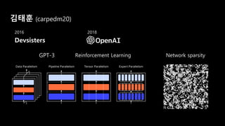 김태훈 (carpedm20)
Devsisters
2016
GPT-3
2018
Reinforcement Learning Network sparsity
 