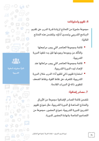 ‫املدربني‬ ‫تدريب‬ ‫دورة‬
–
‫إعداد‬
‫املدربة‬
/
‫السكران‬ ‫عيل‬ ‫منرية‬
75
‫الحقيبة‬ ‫محتويات‬ :ً‫ا‬‫ثاني‬
‫التدريبية‬
6
.
‫واستبيانات‬ ‫تقييم‬
:
‫تقديم‬ ‫عىل‬ ‫املدرب‬ ‫قدرة‬ ‫لزيادة‬ ‫النماذج‬ ‫من‬ ‫متميزة‬ ‫مجموعة‬
‫النماذج‬ ‫هذه‬ ‫وتتضمن‬ ،‫أداؤه‬ ‫وتحسني‬ ‫التدريبي‬ ‫الربنامج‬
‫التالية‬
:
▪
‫العنارص‬ ‫بمجموعة‬ ‫قائمة‬
‫التي‬
‫مراجعتها‬ ‫يجب‬
‫الدورة‬ ‫تنفيذ‬ ‫بدء‬ ‫قبل‬ ‫وجودتها‬ ‫وجودها‬ ‫من‬ ‫والتأكد‬
‫التدريبية‬
.
▪
‫العنارص‬ ‫بمجموعة‬ ‫قائمة‬
‫التي‬
‫عند‬ ‫مراعاتها‬ ‫يجب‬
‫التدريبية‬ ‫الدورة‬ ‫لبدء‬ ‫اإلعداد‬
.
▪
‫الدورة‬ ‫خالل‬ ‫املدرب‬ ‫أداء‬ ‫لتقيم‬ ‫ذاتي‬ ‫تقييم‬ ‫استمارة‬
‫الضعف‬ ‫ونقاط‬ ،‫القوة‬ ‫نقاط‬ ‫عىل‬ ‫للتعرف‬ ،‫التدريبية‬
‫ذاته‬ ‫لتطوير‬
‫يف‬
‫القادمة‬ ‫الدورات‬
.
7
.
‫مصادر‬
‫إضافية‬
:
‫األوراق‬ ‫من‬ ‫مجموعة‬ ‫اإلضافية‬ ‫املصادر‬ ‫قائمة‬ ‫تتضمن‬
‫املساعدة‬ ‫والنماذج‬
‫يف‬
‫تقييم‬ ‫نموذج‬ ‫مثل‬ ،‫التدريبية‬ ‫الدورة‬
‫من‬ ‫مجموعة‬ ،‫الحضور‬ ‫نموذج‬ ،‫التدريبية‬ ‫للدورة‬ ‫املتدربني‬
‫بشهادة‬ ‫الخاصة‬ ‫التصاميم‬
‫الحضور‬
‫للدورة‬
.
 