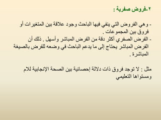 2
-
‫فروض‬
‫صفرٌة‬
:
-
ً‫وه‬
‫الفروض‬
ً‫الت‬
ً‫ٌنف‬
‫فٌها‬
‫الباحث‬
‫وجود‬
‫عالقة‬
‫بٌن‬
‫المتغٌرات‬
‫أو‬
‫فروق‬
‫بٌن‬
‫المجموعات‬
.
-
‫الفرض‬
‫الصفري‬
‫أكثر‬
‫دقة‬
‫من‬
‫الفرض‬
‫المباشر‬
‫وأسهل‬
.
‫ذلك‬
‫أن‬
‫الفرض‬
‫المباشر‬
‫ٌحتاج‬
‫إلى‬
‫ما‬
‫ٌدعم‬
‫الباحث‬
ً‫ف‬
‫وضعه‬
‫للفرض‬
‫بالصٌغة‬
‫المباشرة‬
.
ً‫ِض‬
:
َ‫ٌال‬ ‫خ‬١‫اإلٔغبث‬ ‫اٌظؾخ‬ ٓ١‫ث‬ ‫خ‬١‫ئؽظبئ‬ ‫دالٌخ‬ ‫راد‬ ‫ق‬ٚ‫فش‬ ‫عذ‬ٛ‫ر‬ ‫ال‬
ّٟ١ٍ‫اٌزؼ‬ ‫ا٘ب‬ٛ‫ِغز‬ٚ
 