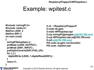 Copyright (c) 2015 Naohiko Shimizu, All rights reserved
112
Example: wpitest.c
#include <wiringPi.h>
#include <stdio.h>
#define LED0 4
#define SW1 3
int main (void)
{
wiringPiSetupGpio () ;
pinMode (LED0, OUTPUT) ;
pinMode (SW1, INPUT) ;
pullUpDnControl(SW1,PUD_UP);
for (;;) {
digitalWrite (LED0, 1-digitalRead(SW1)) ;
}
return 0 ;
}
RaspberryPi/apps/C/WPI/wpitest.c
$ cd ~/RaspberryPi/apps/C
$ make lib gpio
$ make WPI/wpitest.wpi
$ scp wiringPi/gpio/gpio pi@192.168.xxxx
$ scp WPI/wpitest.wpi pi@192.168.xxxx
$ ssh pi@192.168.xxxx
Pi$ sudo cp gpio /usr/local/bin
Pi$ sudo ./wpitest.wpi
 