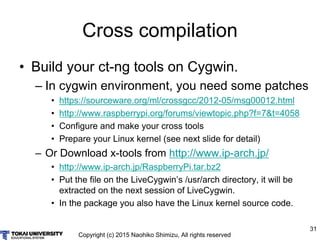 Copyright (c) 2015 Naohiko Shimizu, All rights reserved
31
Cross compilation
• Build your ct-ng tools on Cygwin.
– In cygwin environment, you need some patches
• https://sourceware.org/ml/crossgcc/2012-05/msg00012.html
• http://www.raspberrypi.org/forums/viewtopic.php?f=7&t=4058
• Configure and make your cross tools
• Prepare your Linux kernel (see next slide for detail)
– Or Download x-tools from http://www.ip-arch.jp/
• http://www.ip-arch.jp/RaspberryPi.tar.bz2
• Put the file on the LiveCygwin’s /usr/arch directory, it will be
extracted on the next session of LiveCygwin.
• In the package you also have the Linux kernel source code.
 