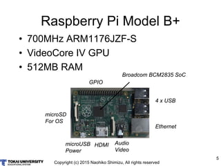 Copyright (c) 2015 Naohiko Shimizu, All rights reserved
5
Raspberry Pi Model B+
• 700MHz ARM1176JZF-S
• VideoCore IV GPU
• 512MB RAM
4 x USB
Ethernet
Audio
Video
HDMImicroUSB
Power
microSD
For OS
GPIO
Broadcom BCM2835 SoC
 