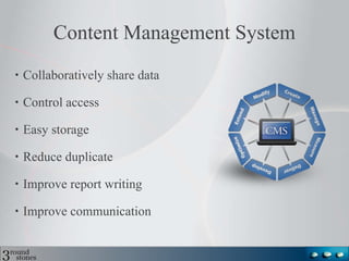Content Management System Collaboratively share data Control access Easy storage Reduce duplicate Improve report writing Improve communication 