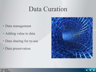 Data Curation Data management Adding value to data Data sharing for re-use Data preservation 