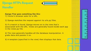 Django HTTPs Request
Handler
Django Flow goes something like this:
1) Visitor’s browser asks for a URL.
2) Django matches the request against its urls.py files.
3) If a match is found, Django moves on to the view that’s
associated with the URL. Views are generally found inside each app
in the views.py file.
4) The view generally handles all the database manipulation. It
grabs data and passes it on.
5) A template (specified in the view) then displays that data.
 