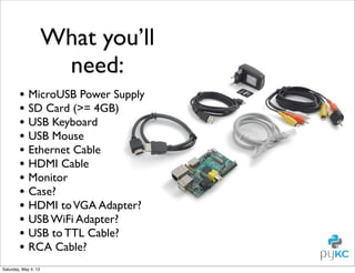 What you’ll
need:
• MicroUSB Power Supply
• SD Card (>= 4GB)
• USB Keyboard
• USB Mouse
• Ethernet Cable
• HDMI Cable
• Monitor
• Case?
• HDMI to VGA Adapter?
• USB WiFi Adapter?
• USB to TTL Cable?
• RCA Cable?
Saturday, May 4, 13

 