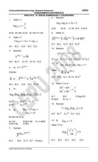 Universidad Nacional Jorge Basadre Grohmann CEPU
RAZONAMIENTO MATEMÁTICO
PRACTICA 10: ÁREAS SOMBRADAS Y LOGARITMOS
JESUCRISTO ES EL SEÑOR
1. Hallar “x”:
A) 64 B) 1/64 C) 25 D) 1/25 E) 1/32
2. Hallar “x”:
A) 1 B) 2 C) 5 D) 3 E) 4
3. Resolver:
A) 4 B) -4 C) 1/4 D) 1/2 E) 0
4. Si:
a
n 3log
2=
Calcular:
A) 2 B) 4 C) 6 D) 8 E) 16
5. Si:
A) 2512
B) 3512
C)
1024
3
5
D) 549
E)
1024
3
2
6. Si:
El valor de “k” es:
A) 1+B B) B/(1+B) C) (1+B)/B
D) B/(1-B) E) B/2
7. Calcular:
A) 3 B) 4 C) 5 D) 1 E) log 3
8. Resolver:
A) 81 B) 79 C) 83 D) 4 E) N.A
9. Hallar “a”:
A) 1 B) b C) b2
D) b3
E) b4
10. Resolver
A) 1 y 2 B) 1 y 3 C) 3 D) 2 y 3 E) 3 y 4
11. Si
Hallar:
A) a B) b C) c D) 1/a E) a1/a
12. Hallar “x” en R+
:
A) 1 B) 0 C) (log 2)/3
D) log 2 E) 2log
13. Resolver:
A) 7 B) 72
C) 71/7
D) 1 E) 2
14. Si:
Hallar “x” en:
A) 1 B) 2 C) 3 D) 4 E) 5
2
5
log 25.0 =x
xx 39 log1)4(log2 +=+
162log
=x
x
3loglog
73 aa
nE n
+=
( )( )( ) 1loglogloglog 2345 =x
B
xkx
=
=
3log
loglog
2
63
43log
4 5log
3
2)2(loglog 32 =+x
( ) ( ) 80716572 7loglog
=+ bb
aa
5log)53(log
35
2
aa xx
=+−
3
1
1010
1010
=
+
−
−
−
xx
xx
0)(loglog7 7 =+ xx
2log4 =y
5
16
log
32
4 =




 yx
1loglogloglog =− cb baaa
cb
aE log
=
 