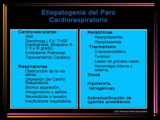 Etiopatogenia del Paro
Cardiorespiratorio
• Cardiovasculares:
– IAM.
– Disrritmias.( FV/ TVSP,
bradicardias, Bloqueos A-
V II y III grado)
– Embolismo Pulmonar.
– Taponamiento Cardiaco.
• Respiratorias
– Obstrucción de la vía
aérea.
– Depresión del Centro
Respiratorio.
– Bronco aspiración.
– Ahogamiento o asfixia.
– Neumotórax a tensión.
– Insuficiencia respiratoria.
• Metabólicas
– Hiperpotasemia.
– Hipopotasemia.
• Traumatismo
– Craneoencefálico.
– Torácico
– Lesión de grandes vasos.
– Hemorragia Interna o
externa.
• Shock
• Hipotermia.
• Iatrogénicas.
• Sobredosificación de
agentes anestésicos
2010 American Heart Association
 