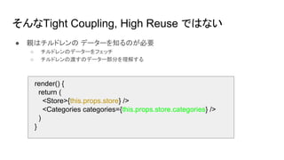 そんなTight Coupling, High Reuse ではない
● 親はチルドレンの データーを知るのが必要
○ チルドレンのデーターをフェッチ
○ チルドレンの渡すのデーター部分を理解する
render() {
return (
<Store>{this.props.store} />
<Categories categories={this.props.store.categories} />
)
}
 