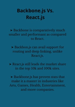 Backbone.js Vs.
React.js
➤ Backbone is comparatively much
smaller and performant as compared
to React.
➤ Backbon.js can avail support for
routing and deep linking, unlike
React.js.
➤ React.js still leads the market share
in the top 10k and 100k sites.
➤ Backbone.js has proven stats that
make it a master in industries like
Arts, Games, Health, Entertainment,
and more companies.
 
