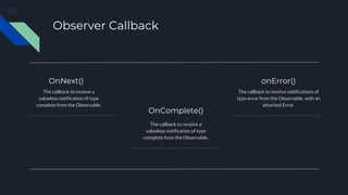 Observer Callback
OnNext()
The callback to receive a
valueless notification of type
complete from the Observable.
OnComplete()
The callback to receive a
valueless notification of type
complete from the Observable.
onError()
The callback to receive notifications of
type error from the Observable, with an
attached Error.
 
