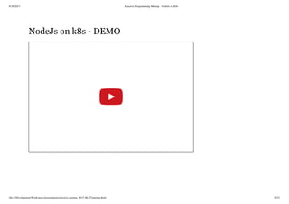 6/28/2015 Reactive Programming Meetup - NodeJs on K8s
file:///Development/Work/misc/presentations/reactive-meetup_2015-06-25/meetup.html 19/21
NodeJs on k8s - DEMO
 