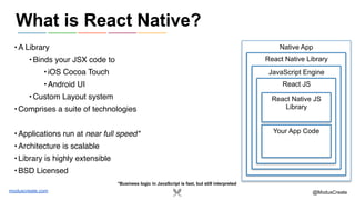 moduscreate.com @ModusCreate
•A Library
•Binds your JSX code to
•iOS Cocoa Touch
•Android UI
•Custom Layout system
•Comprises a suite of technologies
•Applications run at near full speed*
•Architecture is scalable
•Library is highly extensible
•BSD Licensed
What is React Native?
Native App
React Native Library
JavaScript Engine
React JS
React Native JS
Library
Your App Code
*Business logic in JavaScript is fast, but still interpreted
 