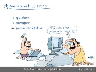 WebSocket vs HTTP
You should use
WebSocket here!!!
→ quicker
→ cheaper
→ more portable
Real-time coding with jWebSocket slide 7 of 23
 