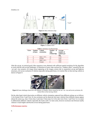 Zulaikha et al. 
6
 
Figure 6. Data collection setup
Figure 7. Camera views
Table 1. Summary of collected data
Views Number
of lanes
Vehicle
orientation
Number of
clips
(15min/clip)
Average
number of
vehicles per
clip
1 4 Side (~15°) 12 1134
2 4 Frontal 12 1165
3 5 Side (~45°) 7 2295
4 5 Frontal 8 1593
After the set-up, we noticed good video sequences were obtained with sufficient spatial resolution for the algorithm
to work with but with several challenges: (i) distortion of some video sections by a “shadow effect” caused by the sun
–set and –rise scenario, (ii) image noises appearing at the images corners due to acquisition set-up and highway
structures, (iii) severe occlusion of vehicles especially during peak hours, (iv) motion blur on fast moving vehicle as
shown in Figure 8.
 
Figure 8. Some challenges observed in the datasets; (a) shadow effects caused by the sun –set –rise and severe occlusion, (b)
motion blur on fast moving vehicle.
On the other hand, initial observation on different vehicle orientation captured from different settings are as follows:
1) for frontal (View 2 and View 4), less occlusion can be observed, but some vehicles from different classes appear
almost the same (e.g. class 1 from class 2 and class 3 from class 4), 2) for side view (View 1 and View 3), it is easier
to differentiate different vehicles especially the trucks with 2 or more axles, however occlusion rate between nearby
vehicles is much higher and become severe during peak hours.
3.2Performance metrics
 
