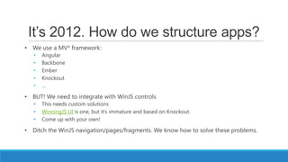 It’s 2012. How do we structure apps?
• We use a MV* framework:
   •   Angular
   •   Backbone
   •   Ember
   •   Knockout
   •   …

• BUT! We need to integrate with WinJS controls
   •   This needs custom solutions
   •   WinningJS UI is one, but it’s immature and based on Knockout.
   •   Come up with your own!

• Ditch the WinJS navigation/pages/fragments. We know how to solve these problems.
 