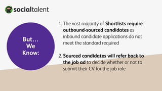 But…
We
Know:
1. The vast majority of Shortlists require
outbound-sourced candidates as
inbound candidate applications do not
meet the standard required
2. Sourced candidates will refer back to
the job ad to decide whether or not to
submit their CV for the job role
 