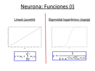 Neurona: Funciones (I)
-1 -0.8 -0.6 -0.4 -0.2 0 0.2 0.4 0.6 0.8 1
-1
-0.8
-0.6
-0.4
-0.2
0
0.2
0.4
0.6
0.8
1
purelin
Lineal (purelin)
-10 -8 -6 -4 -2 0 2 4 6 8 10
0
0.1
0.2
0.3
0.4
0.5
0.6
0.7
0.8
0.9
1
logsig
Sigmoidal logarítmico (logsig)
 