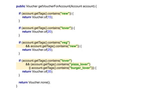 public Voucher getVoucherForAccount(Account account) {
if (account.getTags().contains("new")) {
return Voucher.of(15);
}
if (account.getTags().contains("lover")) {
return Voucher.of(20);
}
if (account.getTags().contains("veg")
&& account.getTags().contains("new")) {
return Voucher.of(25);
}
if (account.getTags().contains("lover")
&& (account.getTags().contains("pizza_lover")
|| account.getTags().contains("burger_lover"))) {
return Voucher.of(35);
}
return Voucher.none();
}
 