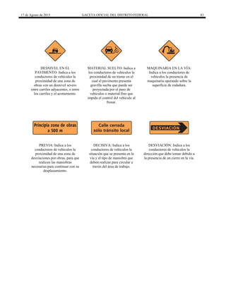 17 de Agosto de 2015 GACETA OFICIAL DEL DISTRITO FEDERAL 83
DESNIVEL EN EL
PAVIMENTO: Indica a los
conductores de vehículos la
proximidad de una zona de
obras con un desnivel severo
entre carriles adyacentes, o entre
los carriles y el acotamiento.
MATERIAL SUELTO: Indica a
los conductores de vehículos la
proximidad de un tramo en el
cual el pavimento presenta
gravilla suelta que puede ser
proyectada por el paso de
vehículos o material fino que
impida el control del vehículo al
frenar.
MAQUINARIA EN LA VÍA:
Indica a los conductores de
vehículos la presencia de
maquinaria operando sobre la
superficie de rodadura.
PREVIA: Indica a los
conductores de vehículos la
proximidad de una zona de
desviaciones por obras, para que
realicen las maniobras
necesarias para continuar con su
desplazamiento.
DECISIVA: Indica a los
conductores de vehículos la
situación que se presenta en la
vía y el tipo de maniobra que
deben realizar para circular a
través del área de trabajo.
DESVIACIÓN: Indica a los
conductores de vehículos la
dirección que debe tomar debido a
la presencia de un cierre en la vía.
 
