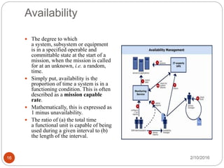 Availability
 The degree to which
a system, subsystem or equipment
is in a specified operable and
committable state at the start of a
mission, when the mission is called
for at an unknown, i.e. a random,
time.
 Simply put, availability is the
proportion of time a system is in a
functioning condition. This is often
described as a mission capable
rate.
 Mathematically, this is expressed as
1 minus unavailability.
 The ratio of (a) the total time
a functional unit is capable of being
used during a given interval to (b)
the length of the interval.
2/10/2016
16
 