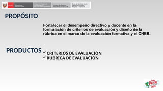 PROPÓSITO
Fortalecer el desempeño directivo y docente en la
formulación de criterios de evaluación y diseño de la
rúbrica en el marco de la evaluación formativa y el CNEB.
PRODUCTOS CRITERIOS DE EVALUACIÓN
RUBRICA DE EVALUACIÓN
 