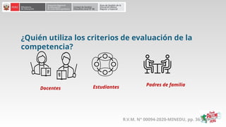 ¿Quién utiliza los criterios de evaluación de la
competencia?
R.V.M. N° 00094-2020-MINEDU, pp. 36 y 37.
Docentes Estudiantes Padres de familia
 