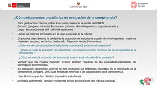 • Para graduar los criterios, utilizar los cuatro niveles de la escala del CNEB:
En inicio (progreso mínimo), En proceso (próximo al nivel esperado), Logro esperado y
Logro destacado (más allá del nivel esperado).
• Ubicar los criterios formulados en el nivel esperado de la rúbrica.
• Graduarlos describiendo la calidad de la actuación del estudiante a partir del nivel esperado hacia los
niveles en proceso, en inicio y destacado. Responde respectivamente a:
¿Cómo se vería la actuación del estudiante cuando está próxima a lo esperado?
¿Cómo se vería la actuación del estudiante en progreso mínimo respecto del nivel esperado de la
competencia ?
¿Cómo se vería la actuación del estudiante cuando está más allá de lo esperado?
• Verificar que los niveles muestren avance también respecto de las necesidades/demandas de
aprendizaje determinadas.
• Se distinguen claramente un nivel de otro revelando las fortalezas centradas en lo importante de la
competencia.(Wiggins, 2012) Las fortalezas referidas a las capacidades de la competencia.
• Usar términos que dan claridad a nuestros estudiantes.
• Verificar la coherencia vertical y horizontal de las descripciones (en rúbrica analítica).
¿Cómo elaboramos una rúbrica de evaluación de la competencia?
 