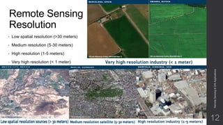 Remote Sensing
Resolution
• Low spatial resolution (>30 meters)
• Medium resolution (5-30 meters)
• High resolution (1-5 meters)
• Very high resolution (< 1 meter)
RemoteSensing&GISApplications
12
 